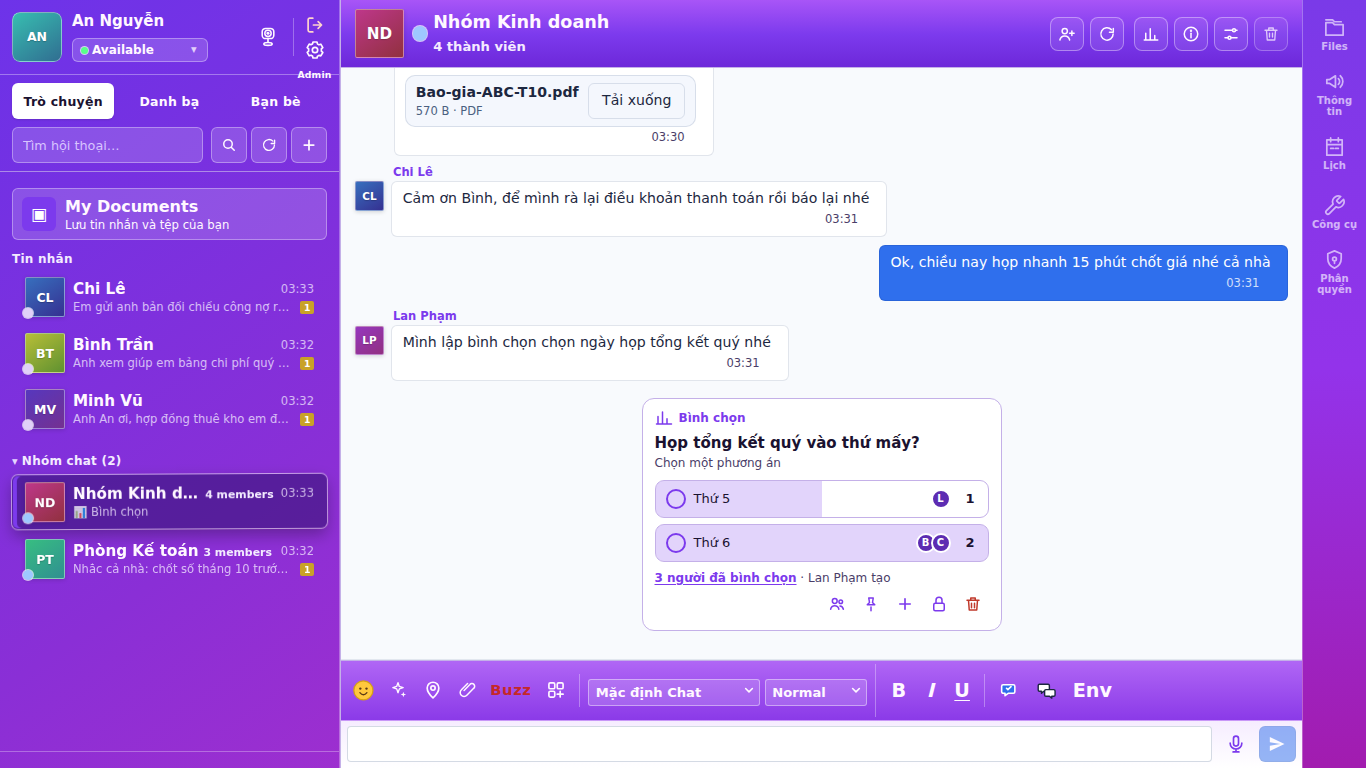 Màn hình chat nhóm của Nexroom: danh sách trò chuyện, tin nhắn, file đính kèm và bình chọn